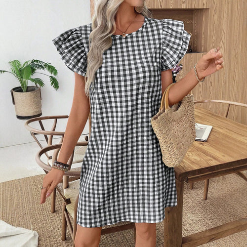 Damen Kurzarmkleid im modernen Vichy-Design mit Rüschendetails R&B
