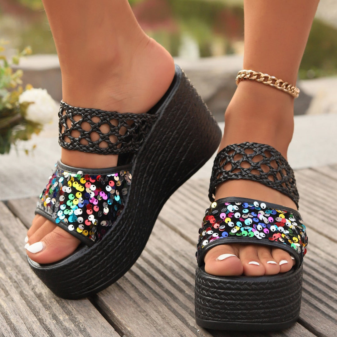 Damen Wedge-Pantoletten mit glitzernden Pailletten und raffiniertem Obermaterial R&B