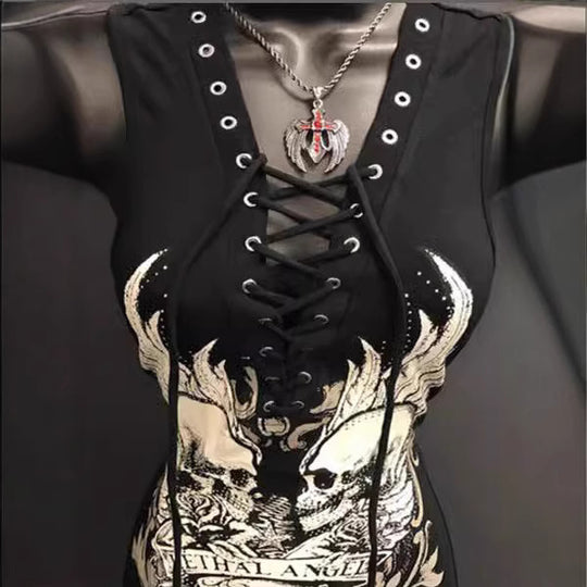 Damen Rockabilly Kleid mit Schnüroptik und grafischem Print R&B