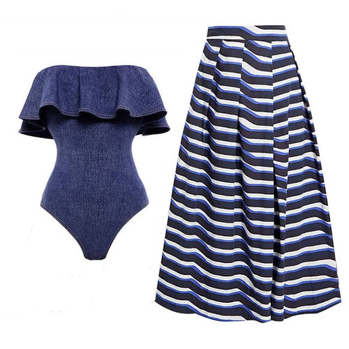 Damen Bandeau Badeanzug mit dekorativen Schleifen und gestreiftem Maxiröckchen R&B