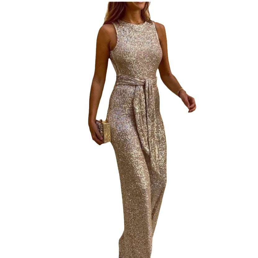 Damen Glamouröses Maxikleid mit glänzendem Paillettenbesatz und eleganter Taillenbindung R&B