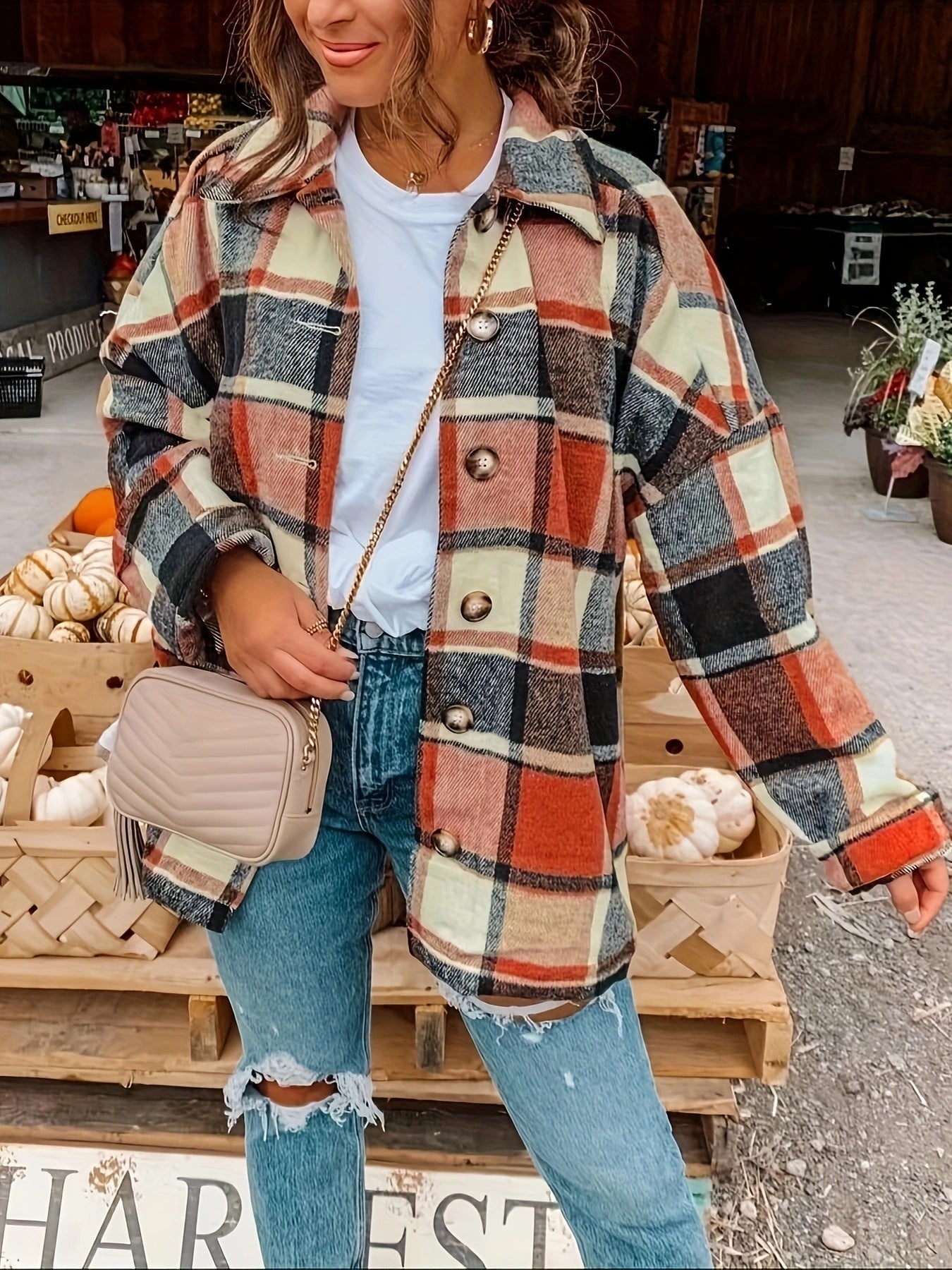 Damen Karierte Flanelljacke mit Knopfdetails und lässigem Schnitt R&B