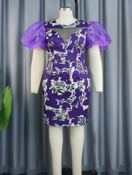 Damen extravagantes Cocktailkleid mit voluminösen Puffärmeln und floralem Muster R&B