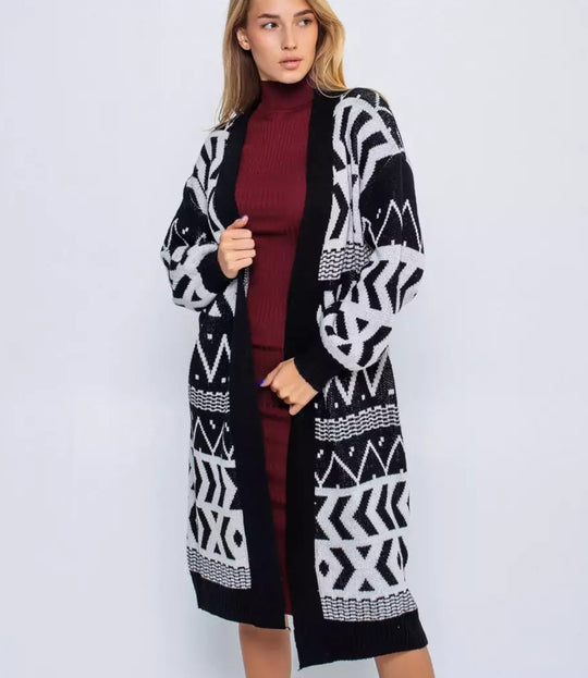 Damen Langer Strickcardigan mit geometrischem Muster und lässigem Schnitt R&B