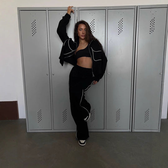 Damen sportliches Fleece-Set mit modischen Kontrasten und praktischen Taschen R&B