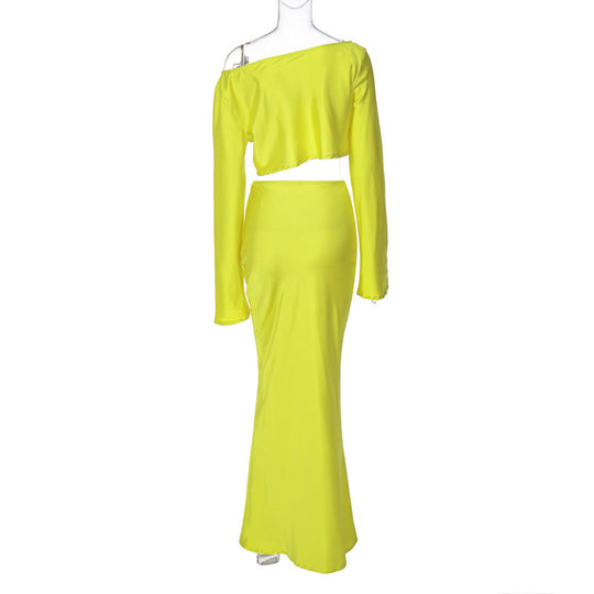 Damen Asymmetrisches Crop-Top mit langem Arm und fließendem Rock R&B
