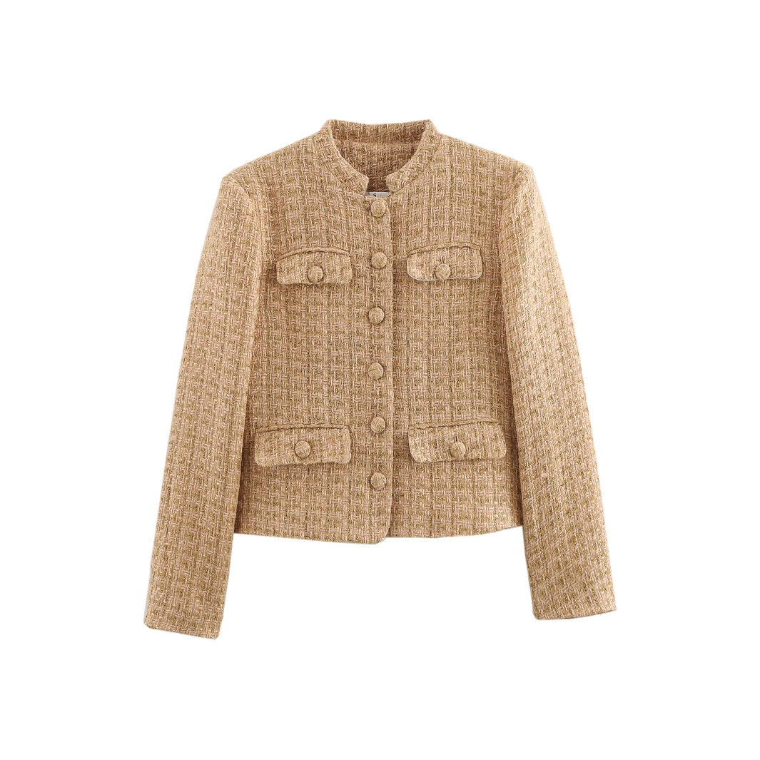 Damen elegante Bouclejacke mit goldenen Knöpfen und aufgesetzten Taschen R&B