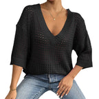 Damen luftiger Strickpullover mit V-Ausschnitt und dekorativem Lochmuster R&B