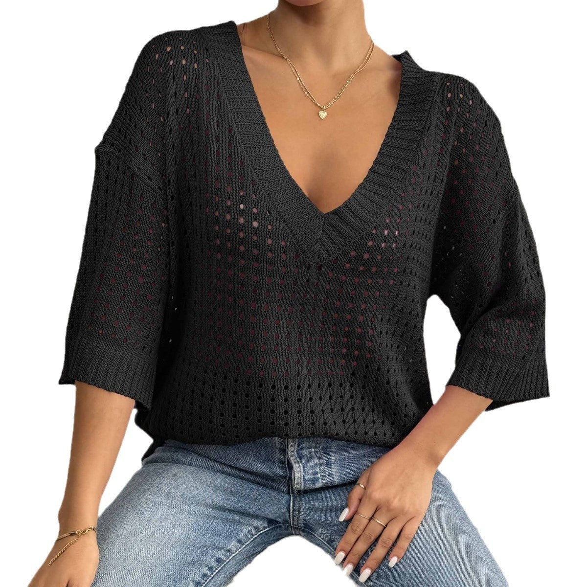 Damen luftiger Strickpullover mit V-Ausschnitt und dekorativem Lochmuster R&B