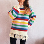 Damen entzückender Pullover mit Fransen und buntem Streifenmuster R&B   