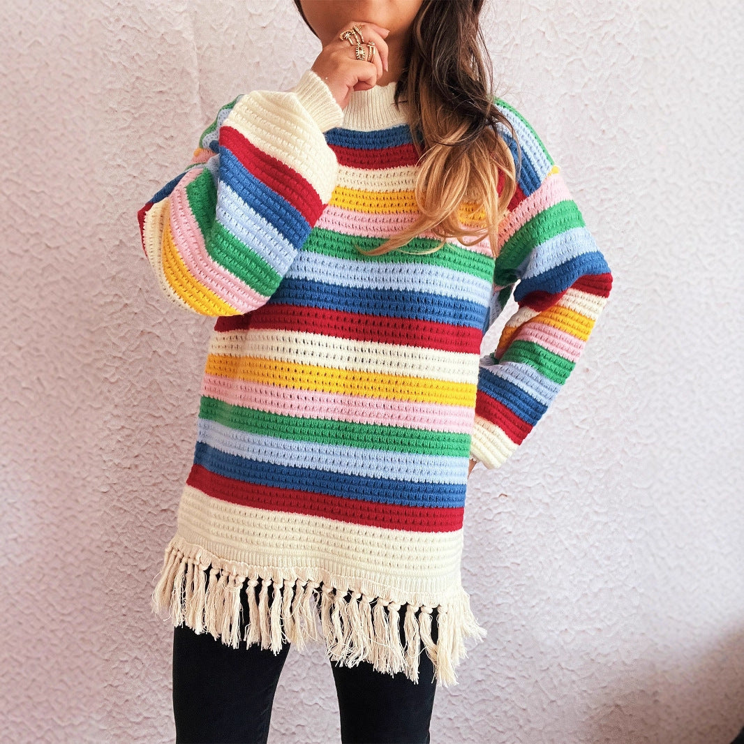 Damen entzückender Pullover mit Fransen und buntem Streifenmuster R&B   