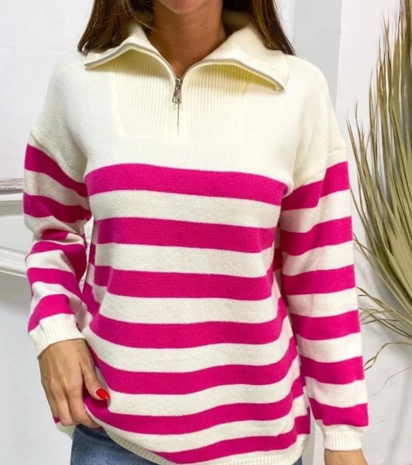 Damen gemusterter Pullover mit Stehkragen und Reißverschluss R&B
