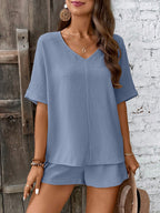 Damen Bequeme V-Ausschnitt Bluse mit Shorts R&B