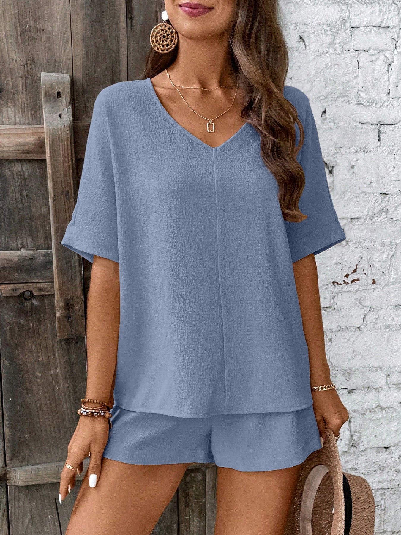 Damen Bequeme V-Ausschnitt Bluse mit Shorts R&B