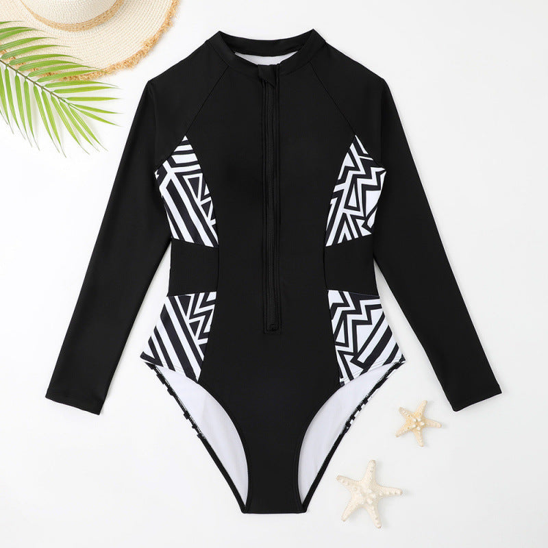 Damen Rashguard Badeanzug mit Reißverschluss und geometrischem Design R&B