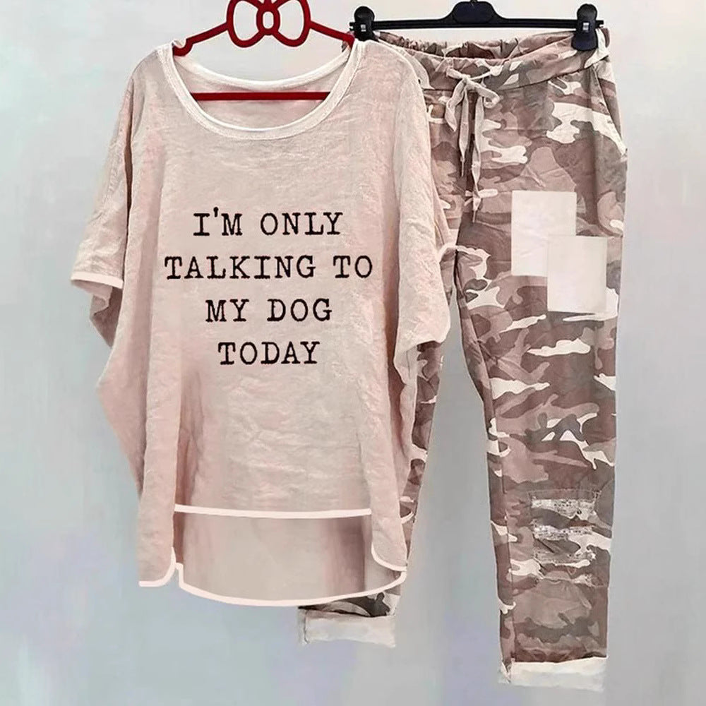 Damen nan weites Freizeit-Set mit Spruchaufdruck, weit geschnittenem Langshirt und Camouflage-Jogginghose R&B