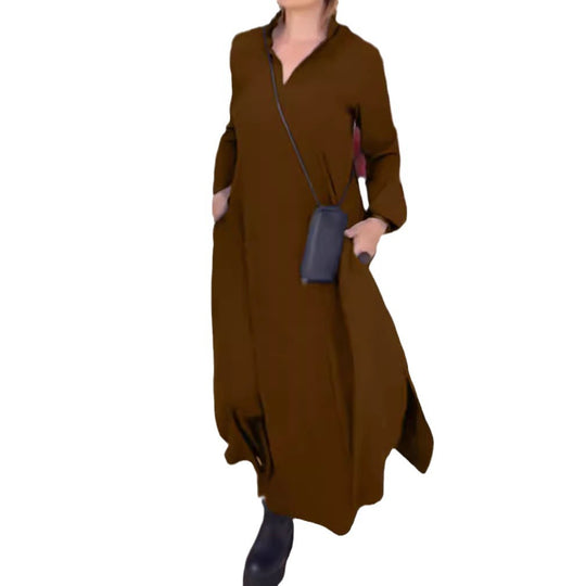 Damen nan weites Maxikleid mit Seitenschlitzen und Eingrifftaschen R&B