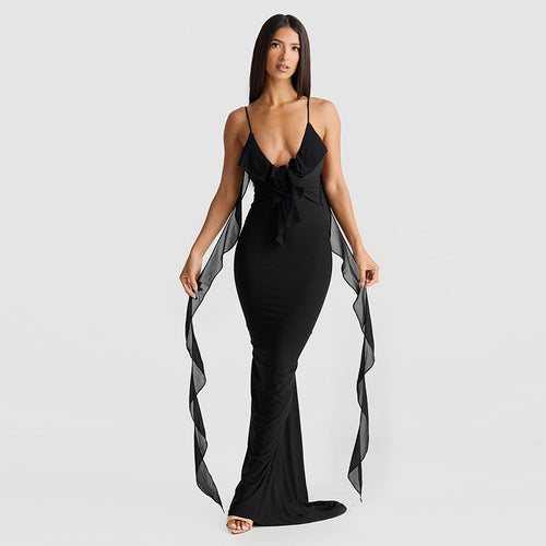 Damen Elegantes Kleid mit fließendem Rüschen-Detail und langen Bändern R&B