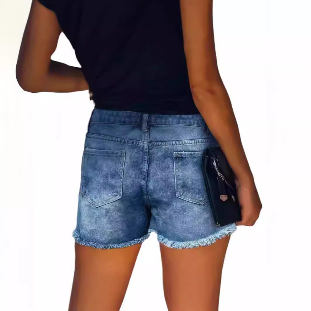 Damen Denim-Shorts mit trendigen Stickdetails und Fransensaum R&B