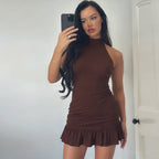 Damen Kleid mit hohem Kragen und Rüschenabschluss R&B