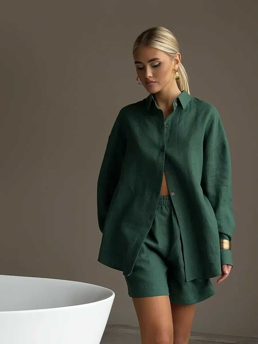 Damen lässiges Leinen Set mit lockerer Bluse und Shorts R&B