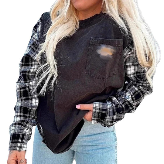 Damen nan Oversize-Sweatshirt im Materialmix mit Karoärmeln und aufgesetzter Brusttasche R&B
