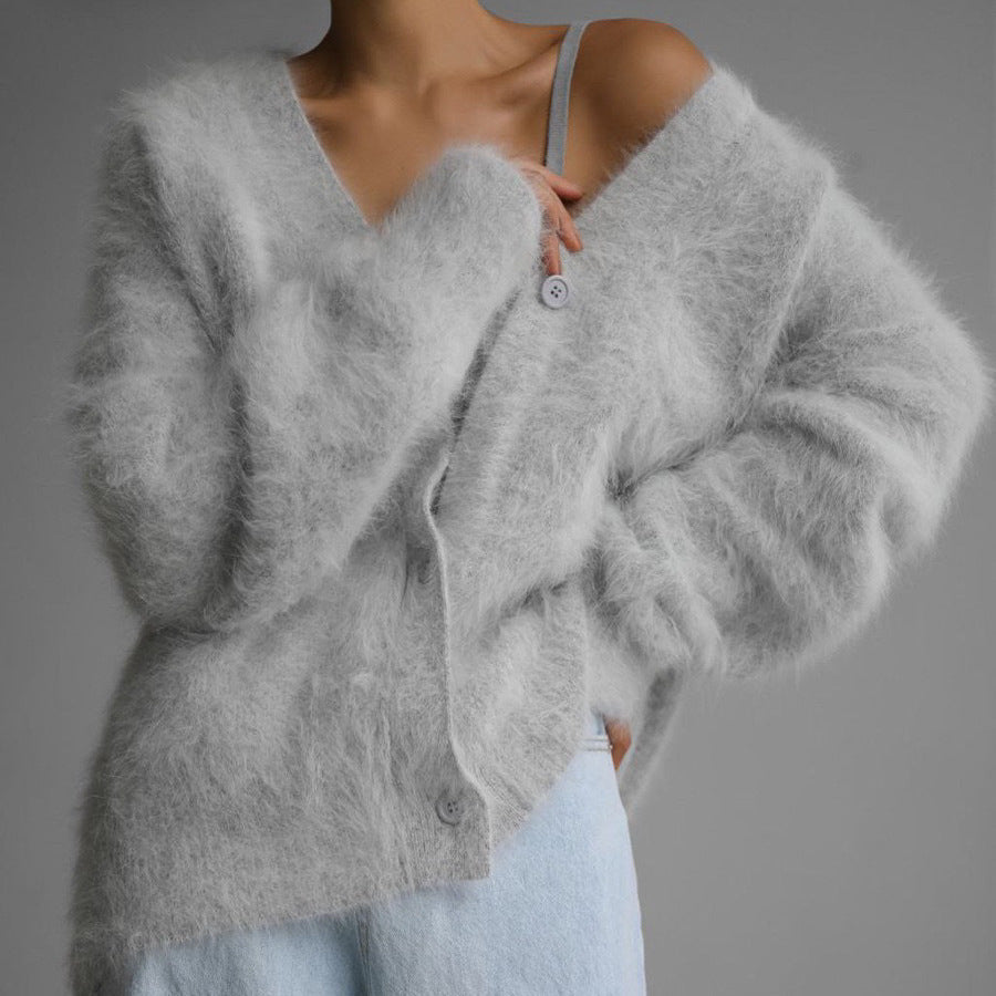 Damen kuschelige Strickjacke mit weichem Mohair-Mix und eleganter Knopfleiste R&B