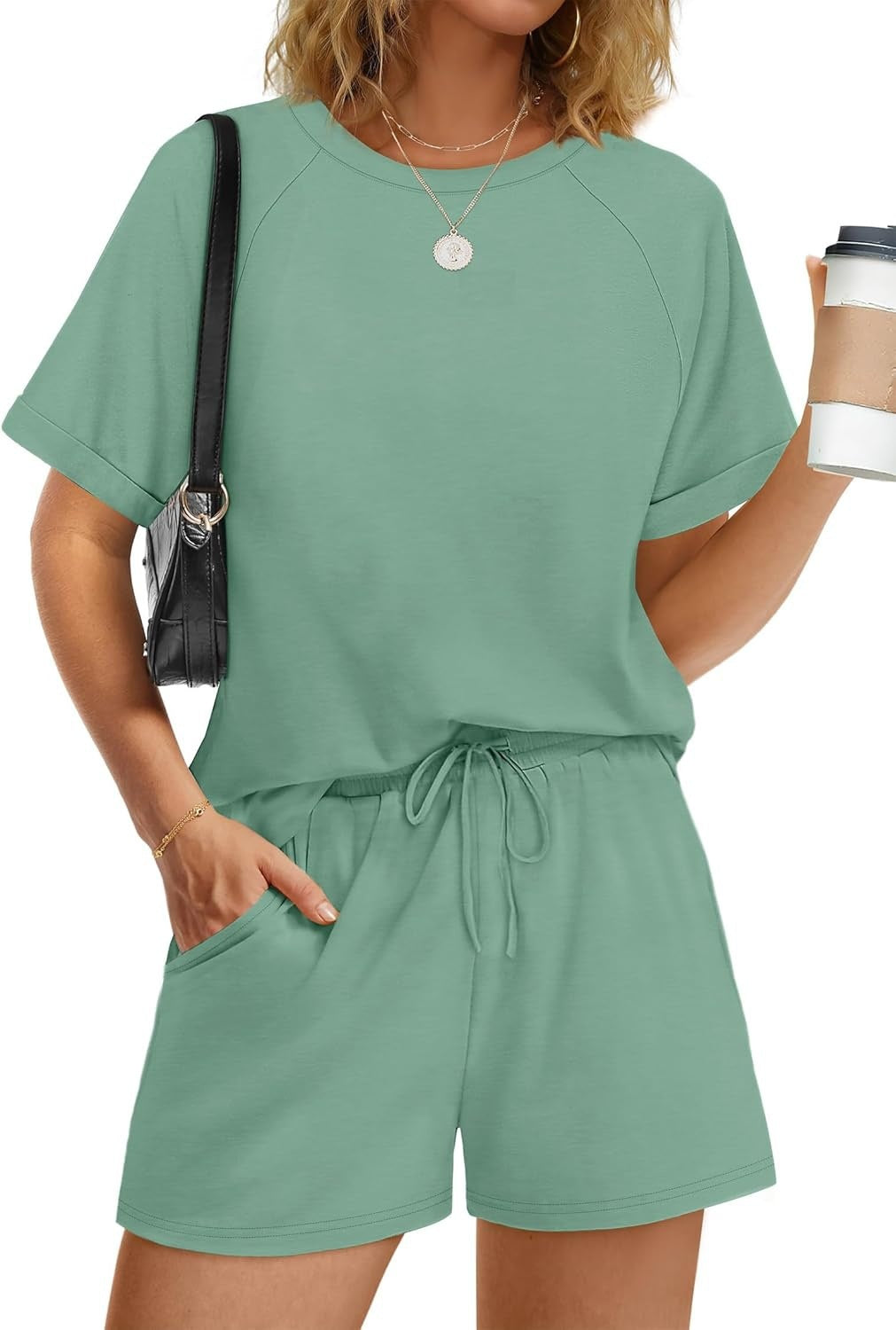 Damen lässiger Kombi aus T-Shirt und Shorts mit elastischem Bund R&B