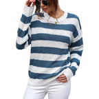 Damen gestreifter Strickpullover mit lässigem Schnitt und hohem Kragen R&B