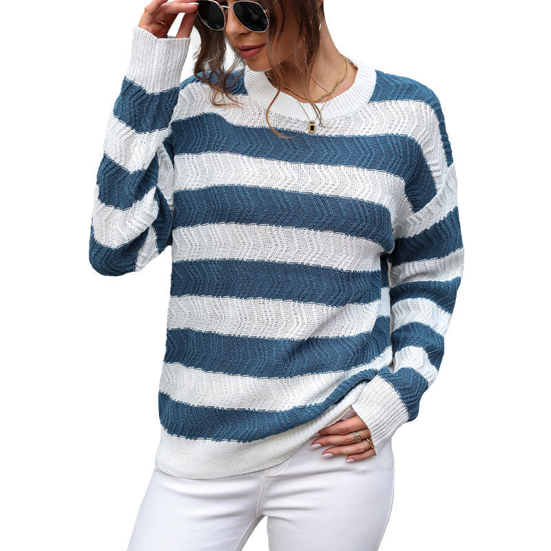 Damen gestreifter Strickpullover mit lässigem Schnitt und hohem Kragen R&B