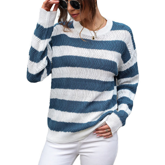 Damen gestreifter Strickpullover mit lässigem Schnitt und hohem Kragen R&B