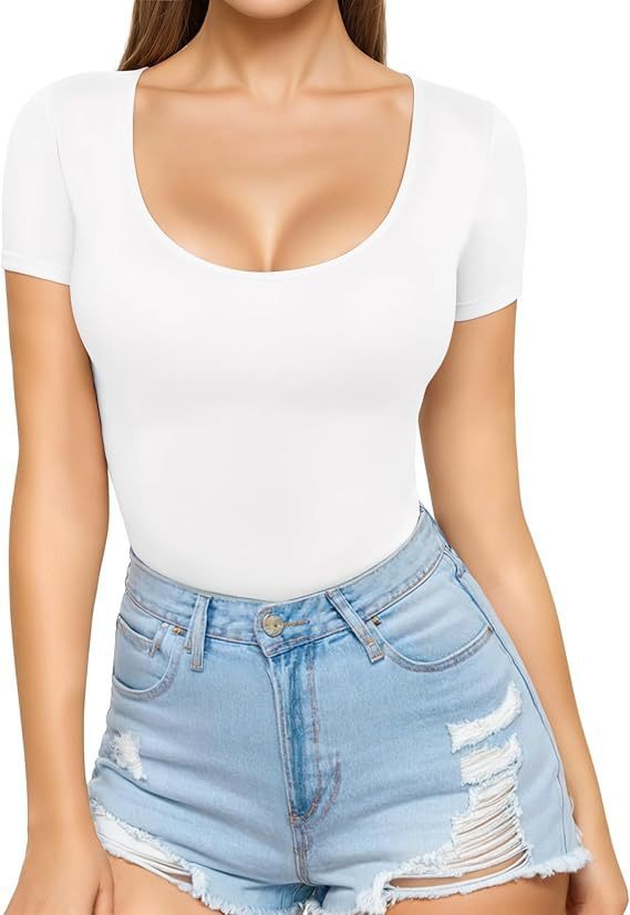 Damen figurbetontes Kurzarm-Body mit rundem Ausschnitt und nahtlosem Design R&B