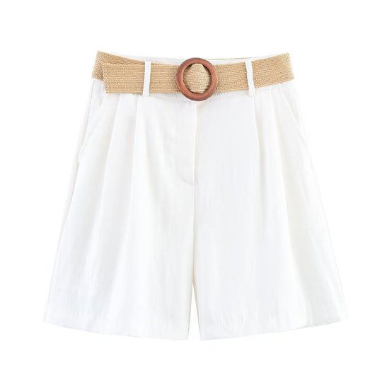 Damen elegante Shorts mit breitem, geflochtenem Gürtel R&B