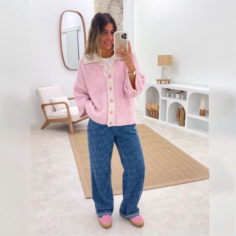 Damen High-Waist Jeans mit einzigartigem Herzchen-Muster und bequemer Passform R&B