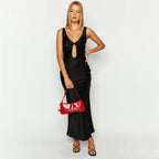 Damen figurbetontes Maxikleid mit tiefem V-Ausschnitt und Cut-Out R&B