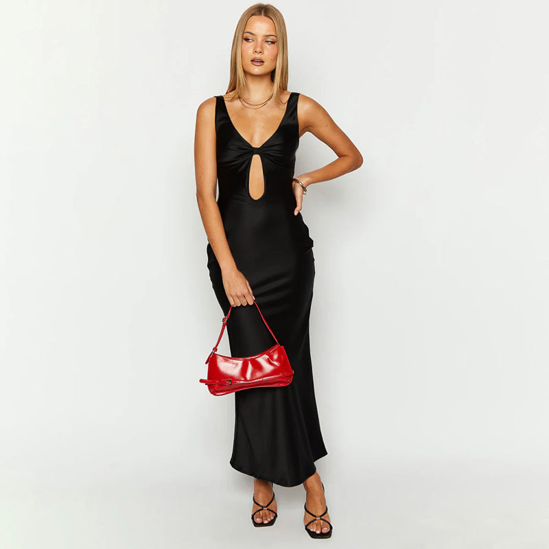 Damen figurbetontes Maxikleid mit tiefem V-Ausschnitt und Cut-Out R&B