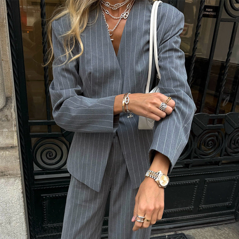 Damen eleganter Zweiteiler-Anzug mit Streifen R&B