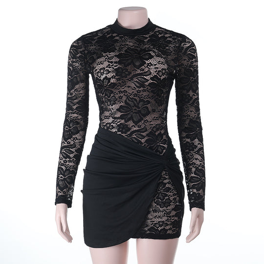Damen figurbetontes Minikleid mit Spitzenärmel und avantgardistischem Wickeldesign R&B