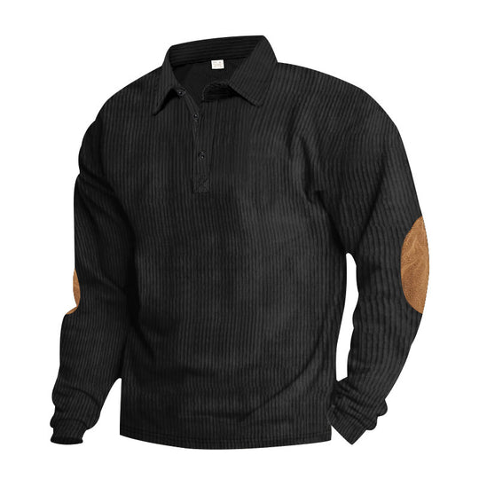 Herren nan schwerer gerippter Baumwoll-Polo-Pullover mit Kentkragen dreifach-Knopfleiste und Wildleder-Ellenbogenpatches R&B