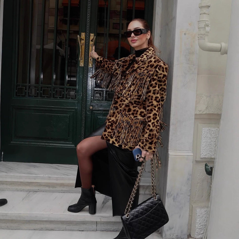 Damen Leoparden-Wildlederjacke mit Fransen und modischem Schnitt R&B