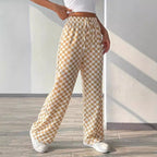 Damen weite Karohose mit elastischem Bund und Bindegurt R&B