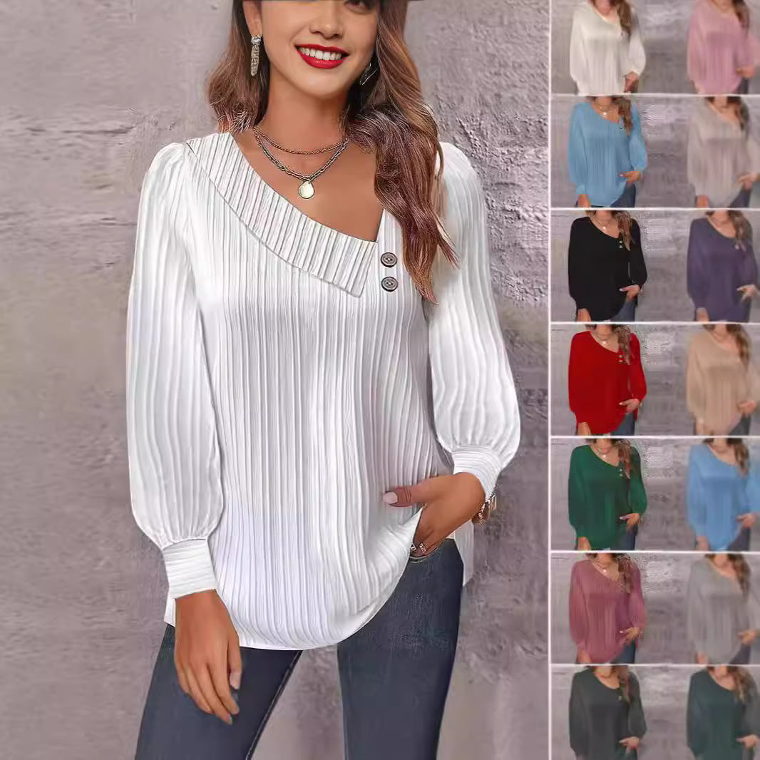 Damen Plissee-Bluse mit asymmetrischem Ausschnitt und Knopf-Details R&B