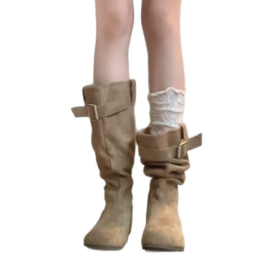 Damen Elegante und lässige Winterstiefel mit modischem Falten-Design und praktischer Schnalle R&B