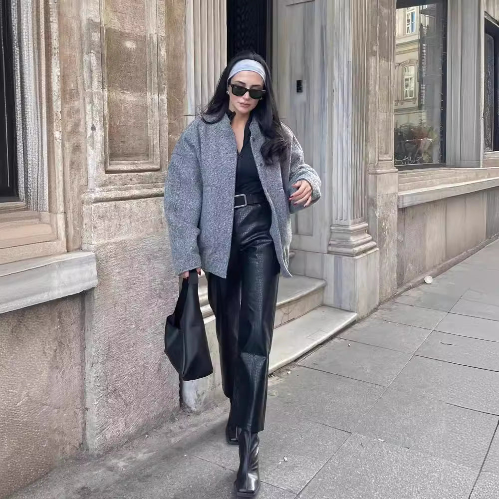 Damen flauschige Oversized-Jacke mit praktischen Taschen und elegantem Stehkragen R&B