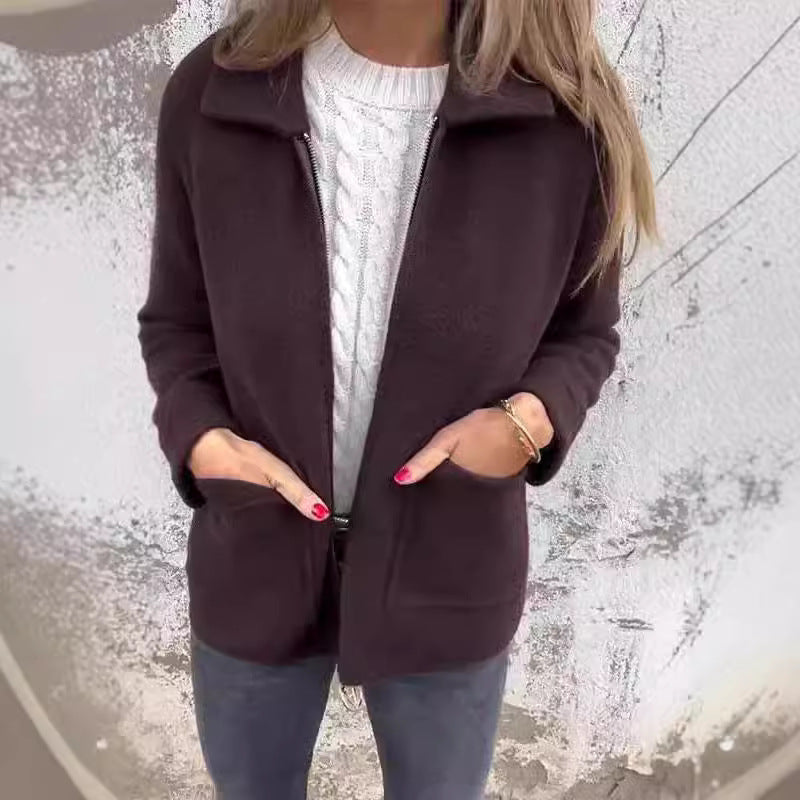 Damen modische Fleecejacke mit praktischen Taschen und elegantem Kragen R&B