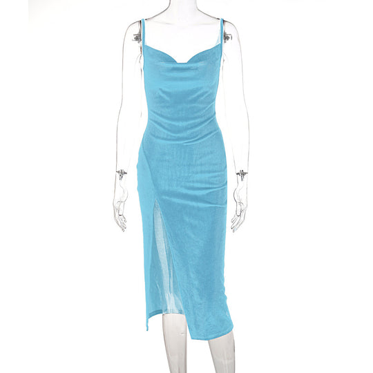 Damen Elegantes Satin-Midikleid mit Drapierung und Seitenschlitz R&B
