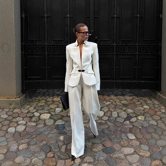 Damen elegantes Tailor-Anzug-Set mit minimalistischer Silhouette und tiefem Ausschnitt R&B