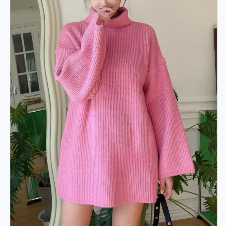 Damen Langer Strickpullover mit hohem Kragen und weit ausgestellten Ärmeln R&B