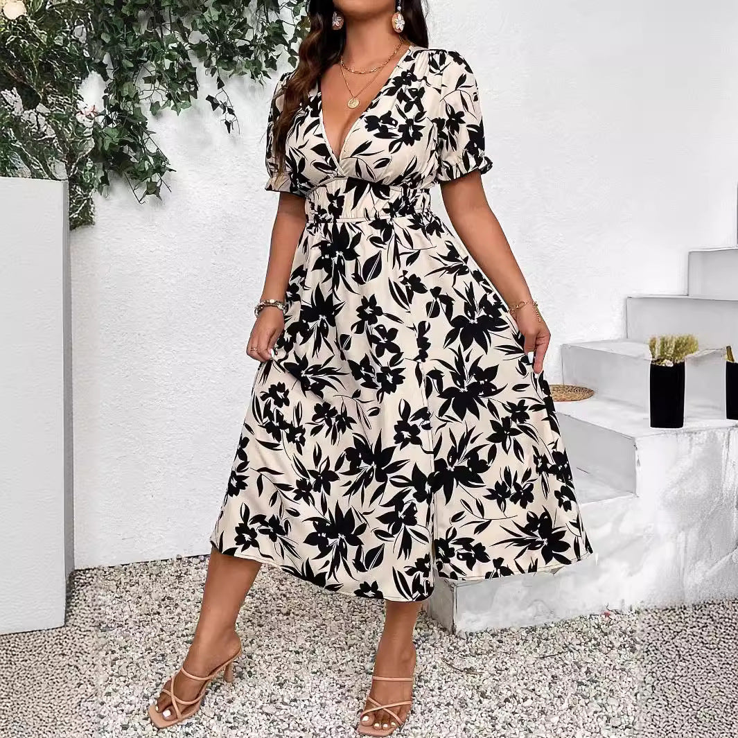 Damen Maxikleid mit V-Ausschnitt und elastischem Taillenbund R&B