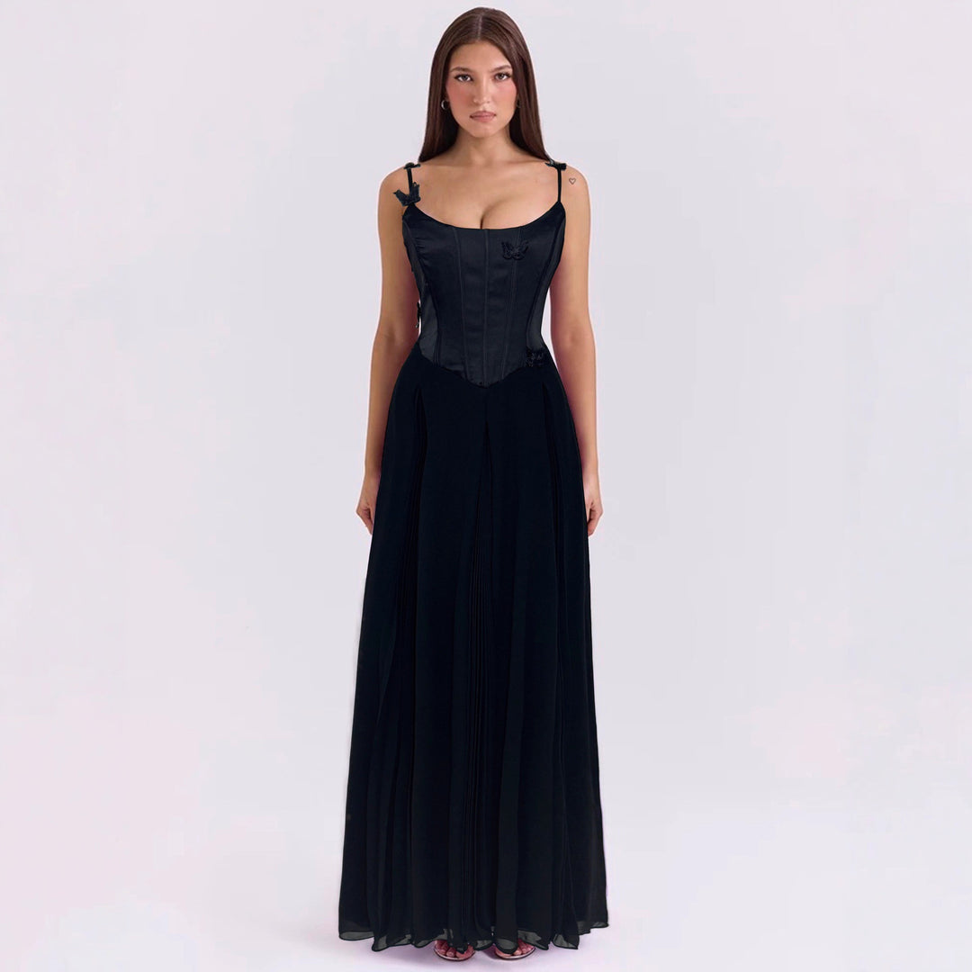 Damen nan figurbetontes Korsett-Maxikleid mit Schmetterlings-Trägern und plissiertem Chiffonrock R&B